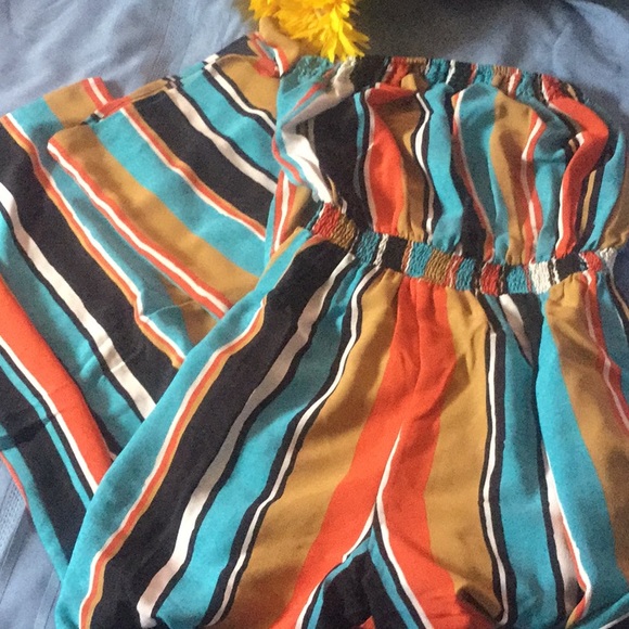 Blue Multi-color Stripe Strapless Elastic Waist Jumpsuit - Picture 6 of 8